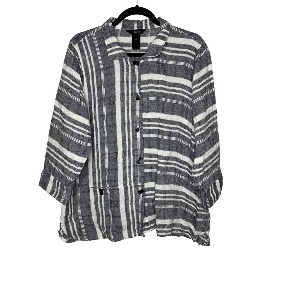 Ali Miles Womens 100% Linen Striped Button Up Shirt Black White Size Large